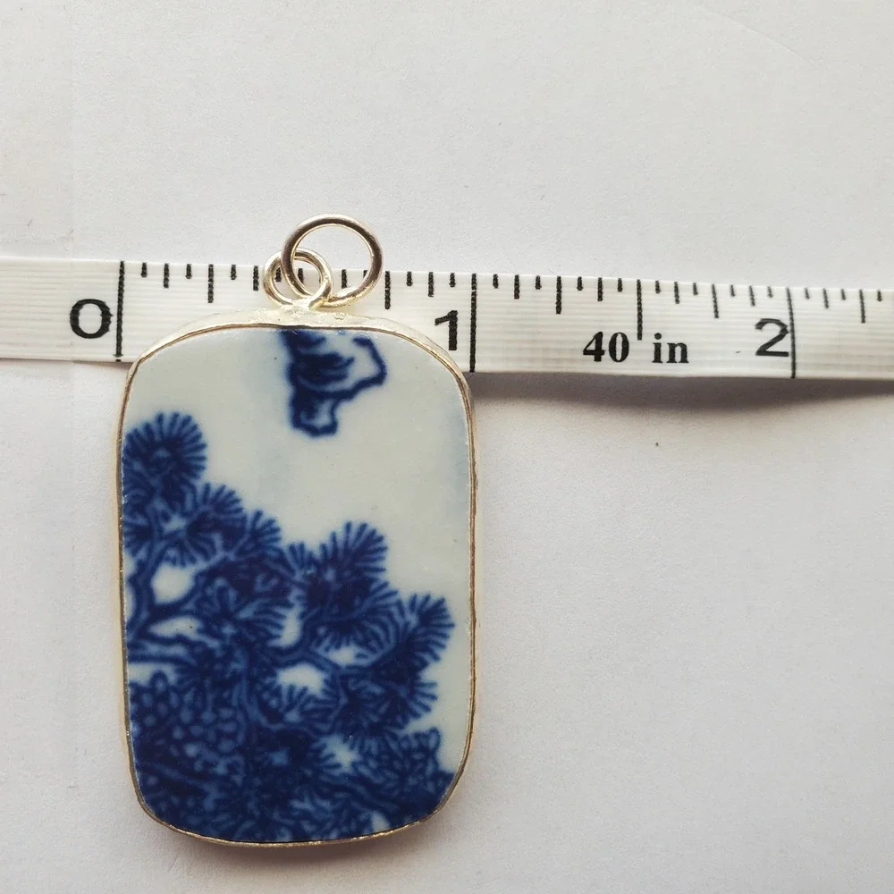 Vintage Blue & White Bonsai Tree Pottery Shard Pendant Chinoiserie Focal Jewelry